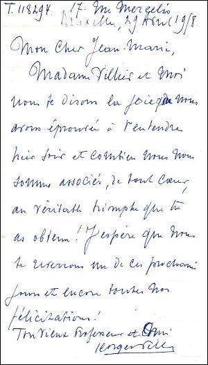 Lettre de félicitations autographe signée de Georges Villier à Jean Marcor, 29 août 1958.