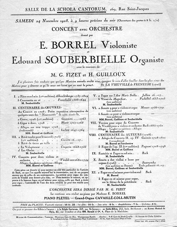 Affiche concert Eugne Borrel (violon) et Edouard Souberbielle (orgue), avec Mme Borrel au piano, le 24 novembre 1928  la Schola Cantorum 