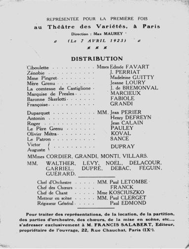 Ciboulette, distribution de la création en 1923 (coll. Max Méreaux)
