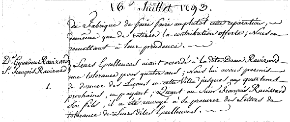 Lausanne, 16 juillet 1793, ''tolérance'' de 4 ans accordée à Geneviève Ravissa.