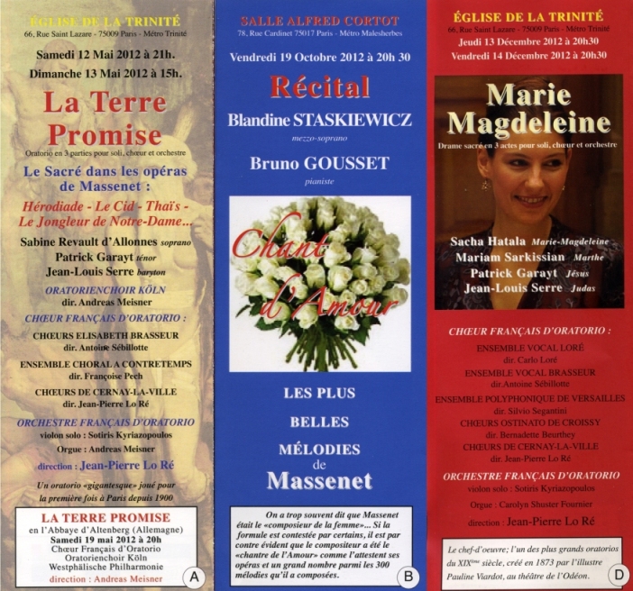 Concerts commémoratifs, centenaire de la mort de Massenet en 2012.