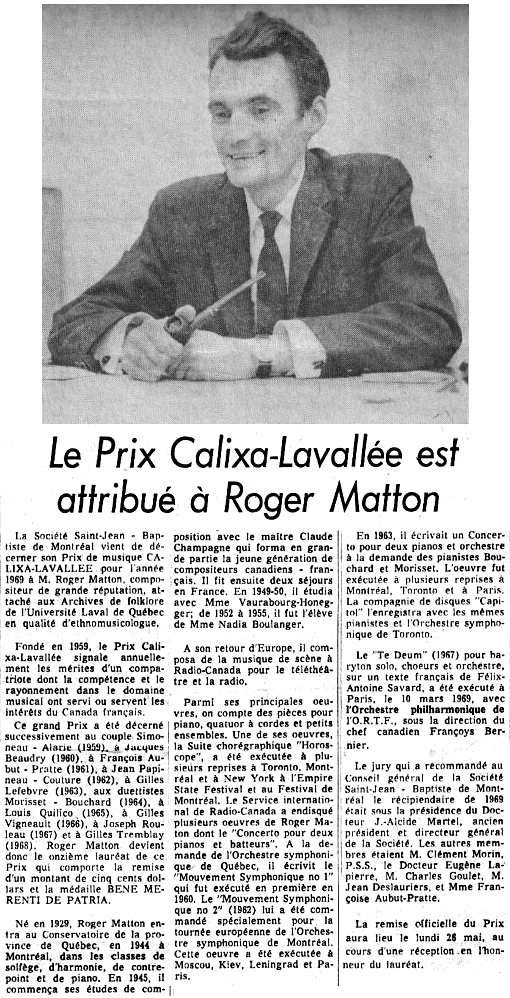 Prix Calixa-Lavallée décerné à Roger Matton