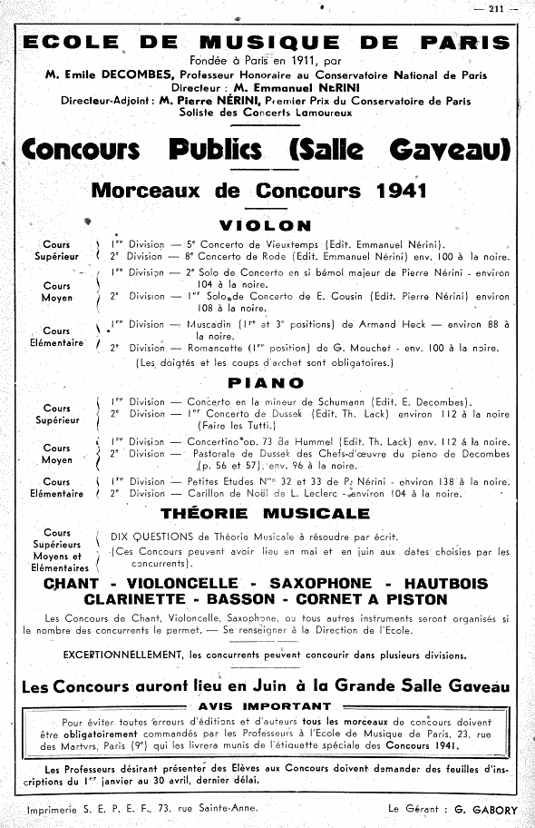 Concours Nérini, 1941 (affiche avec programme)