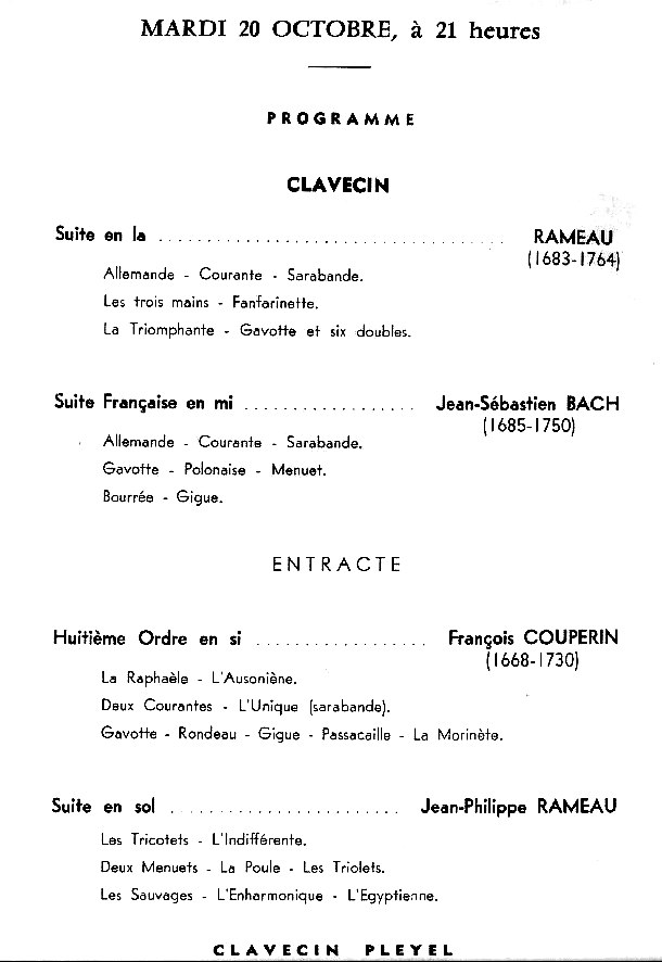 Programme rcital de Franoise Petit le 20 octobre (clavecin) 1964, Salle Gaveau  Paris 