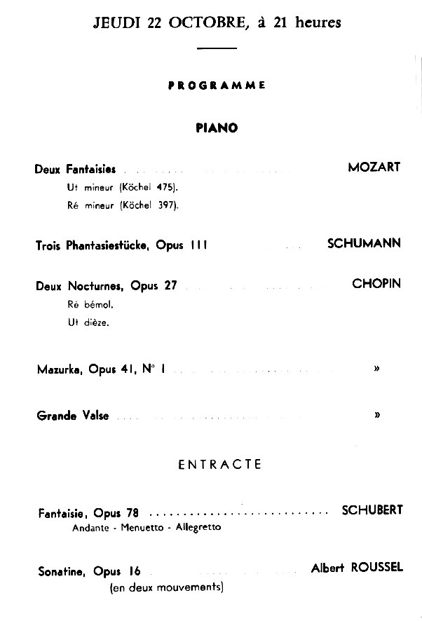 Programme rcital de Franoise Petit le 22 octobre (piano) 1964, Salle Gaveau  Paris 