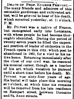 Avis de décès d'Eugène Prévost dans le Daily Picayune, 20 août 1872