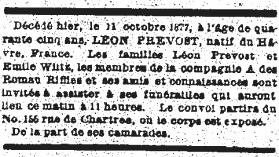 Avis de décès de Léon Prévost, L'Abeille de la Nouvelle-Orléans, 12 octobre 1877