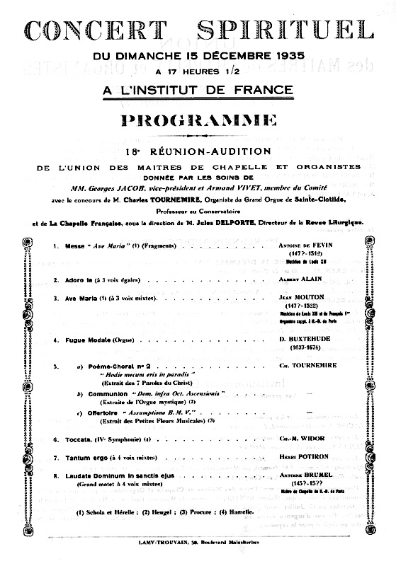 Tournemire: affiche concert spirituel du 5 décembre 1935