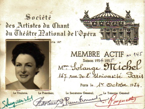 Carte de membre de la Société des Artistes de Chant de l’Opéra de Paris.